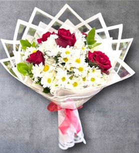 kırmızı gül papatya, modern çiçek buketi, karaman çiçek gönd