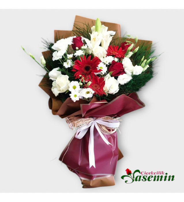 Kırmızı ve Beyazın Büyüsü – Zambak, Gül ve Gerbera Buketi