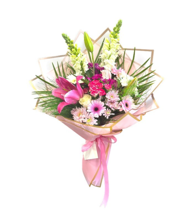 Pembe & Beyaz Buket – Lilyum, Gül ve Gerbera Karışımı