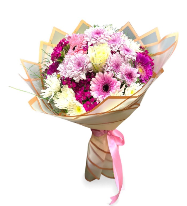 Pembe & Mor Buket – Gerbera, Gül ve Krizantem Karışımı